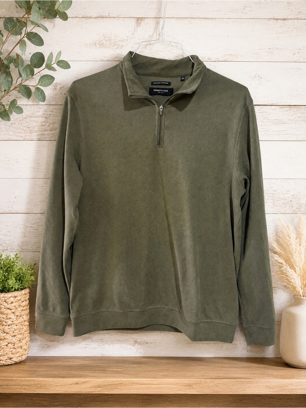 Kenneth Cole Men’s Olive Green Quarter Zip Pullover – Size Medium